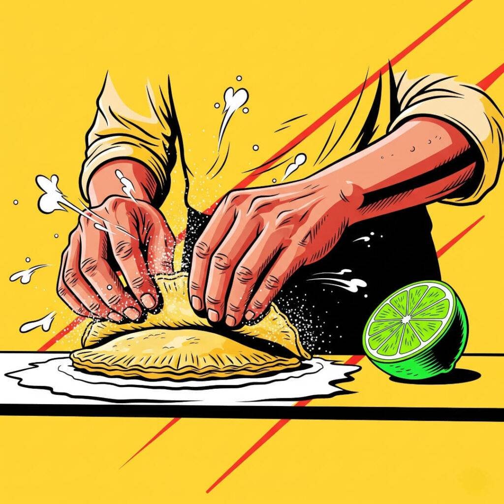 A vendor folding a galette with a lime slice.