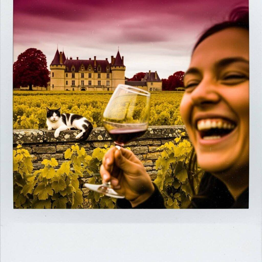 This one’s gotta catch my goofy grin as I try to swirl my wine like I’m fancy, with the chateau looking all grand behind me. The Polaroid vibe makes it feel like a memory I’m clinging to, with bold burgundy and mustard yellows screaming fun. That cat? Didn’t even notice it till I looked at my pics later. Peppy, attractive, and popping with color.