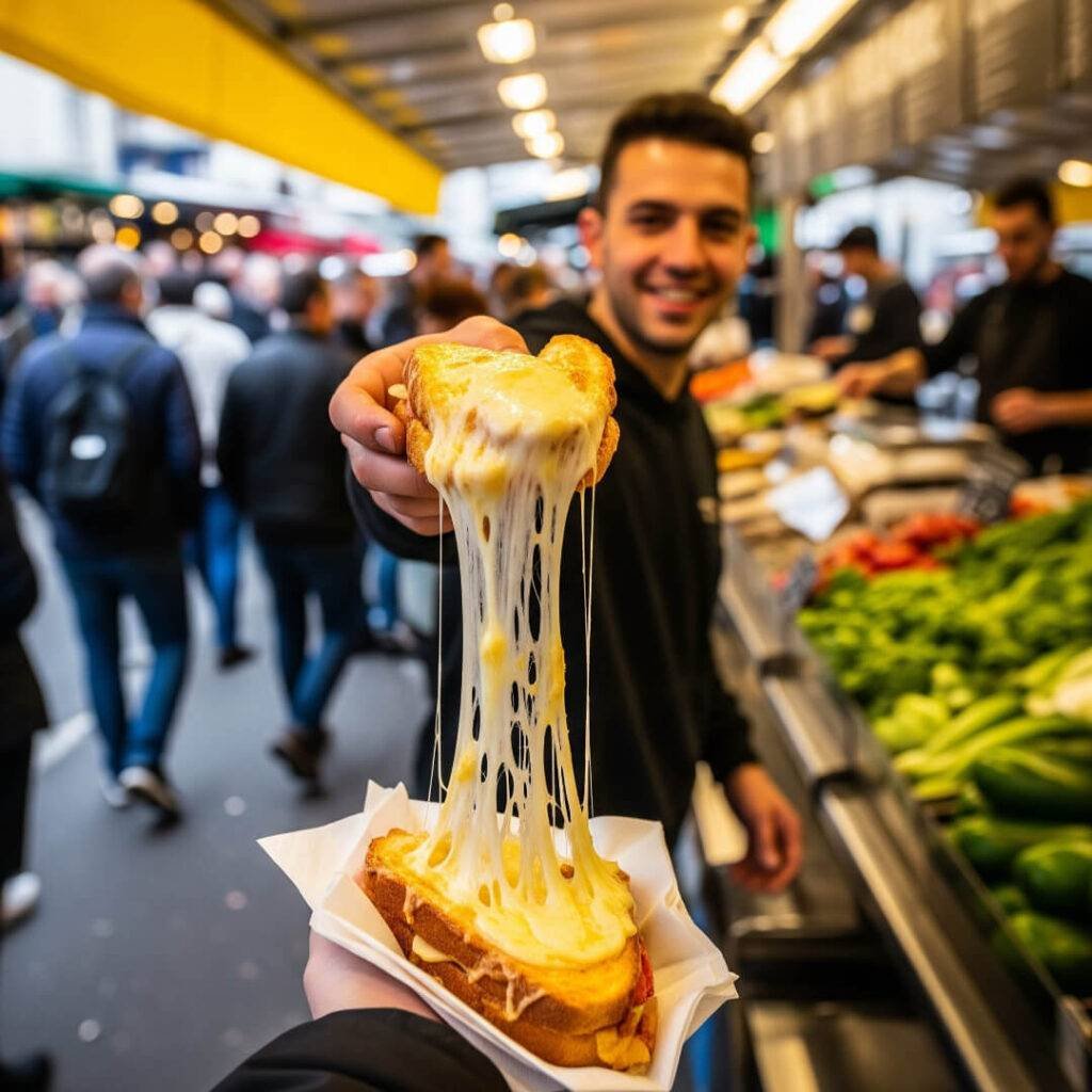 A vendor hands a gooey croque monsieur to a customer.