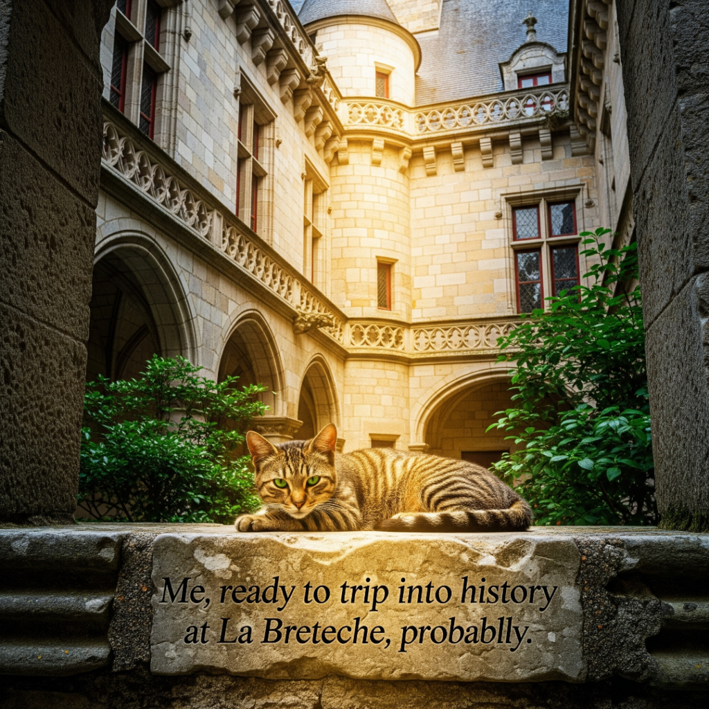 Brown cat napping in a sunny castle courtyard.