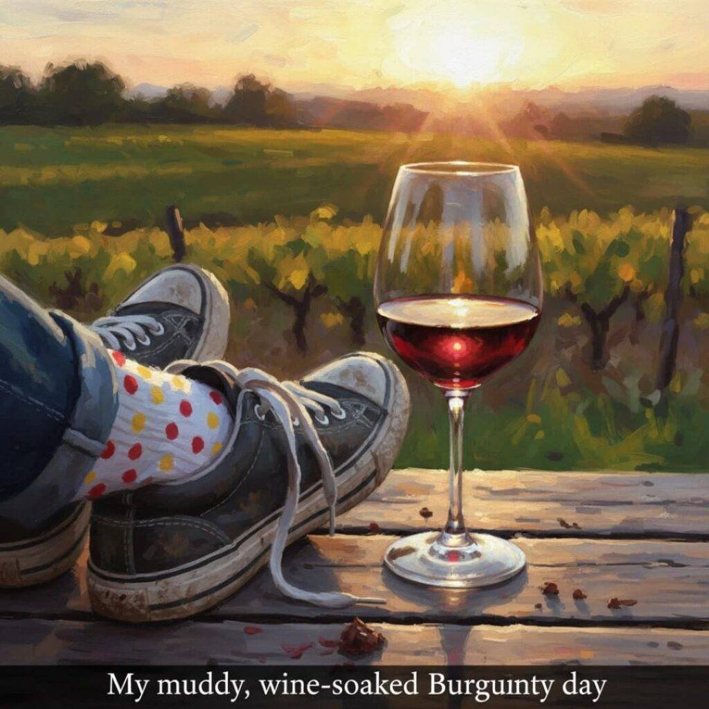 Muddy sneakers next to a glowing glass of wine.