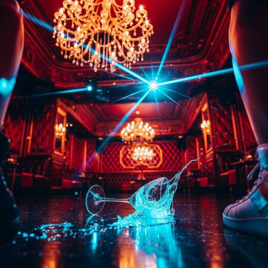 Fallen cocktail glass on floor with gold chandeliers.