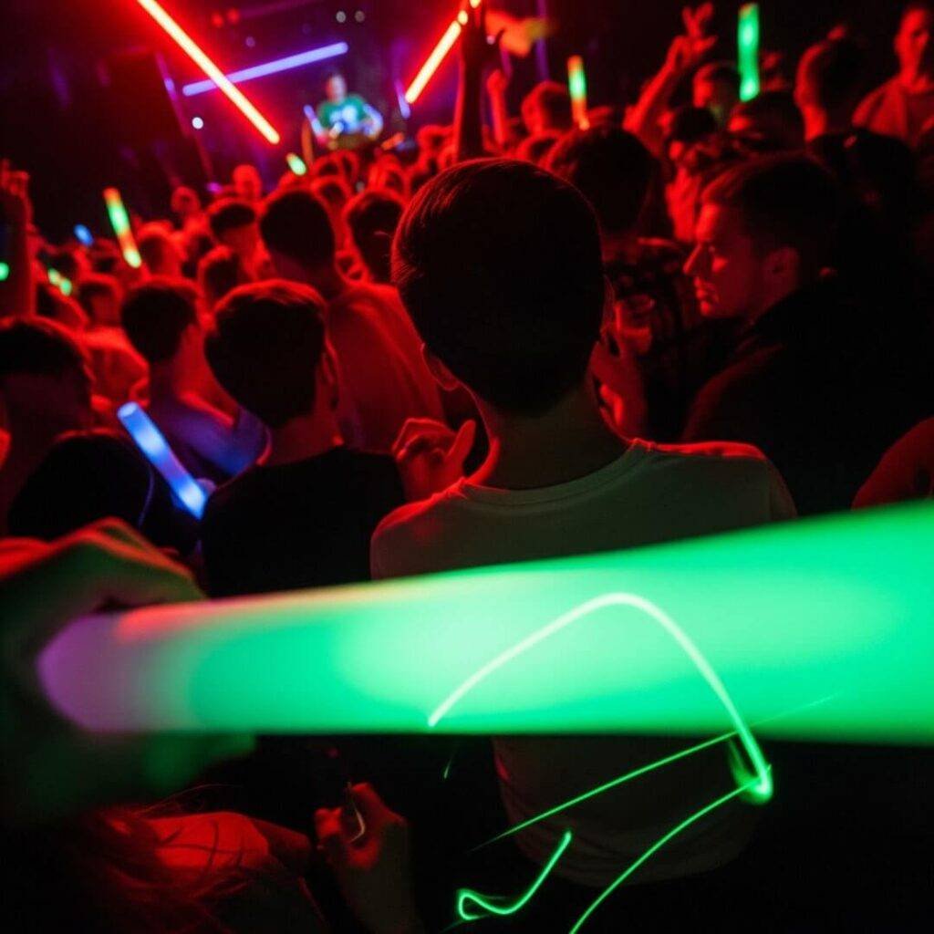 Shaky dance floor with red and green strobe lights.
