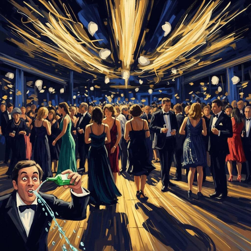 Man spilling drink at a fancy Paris dancefloor.
