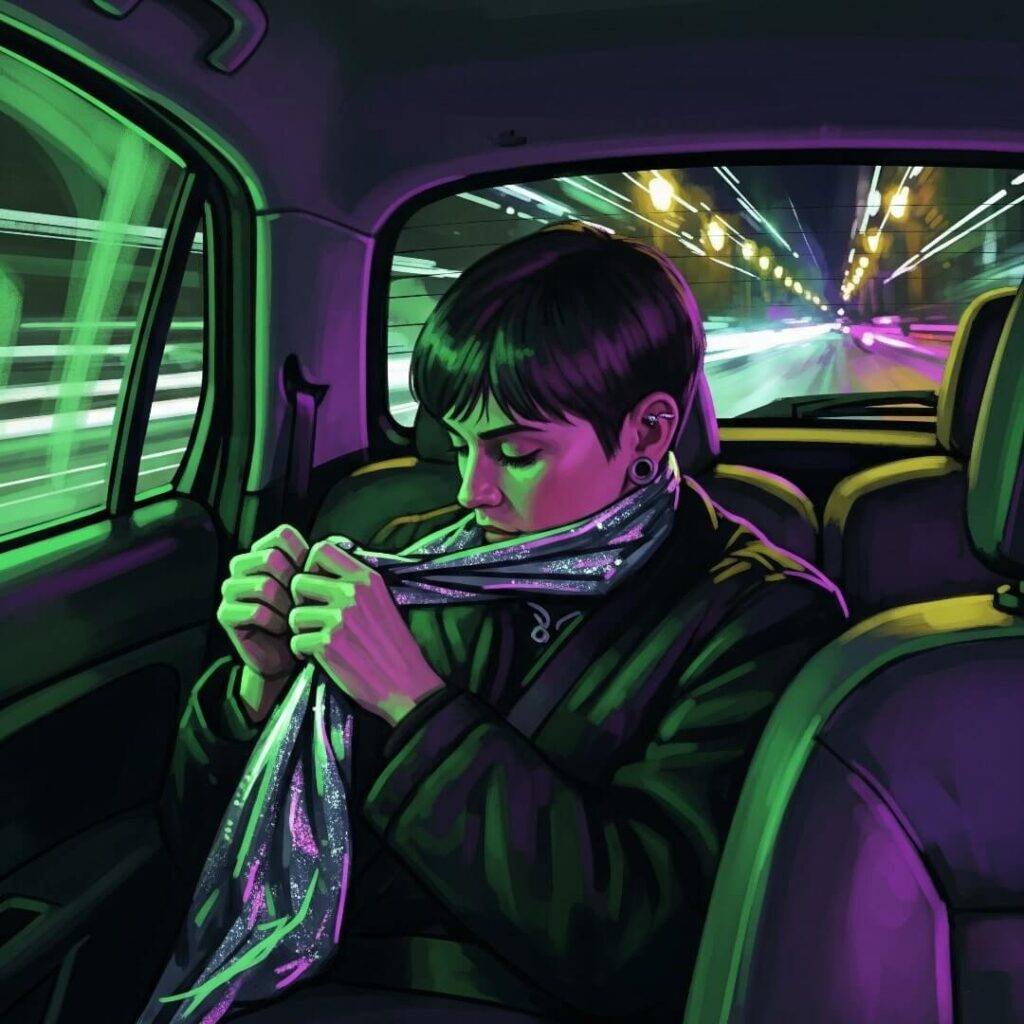 An impressionistic digital painting of a person in a car, fumbling with a silver scarf.