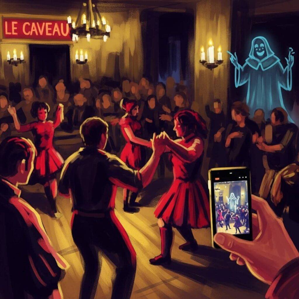 Impressionistic digital painting of a club with dancers and ghost.
