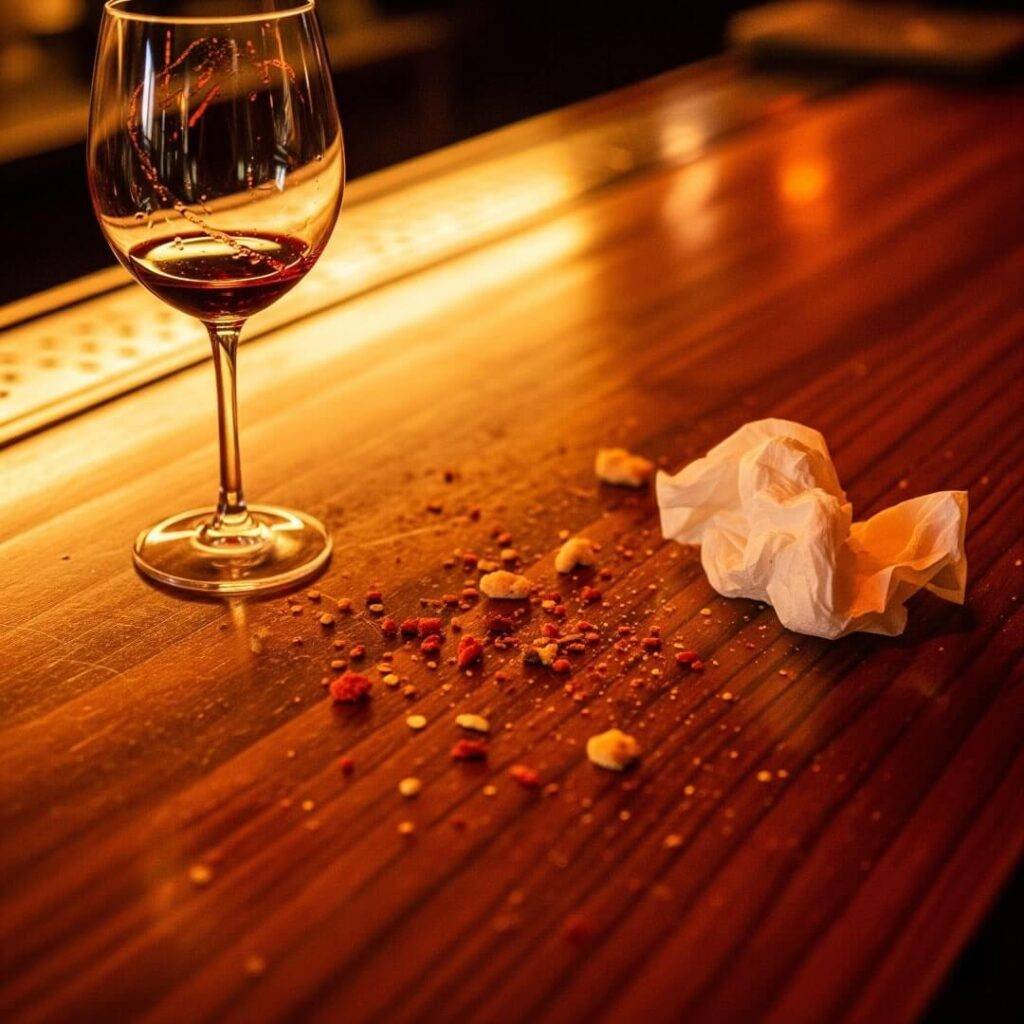 A close-up of a wooden bar with crumbs and a napkin.