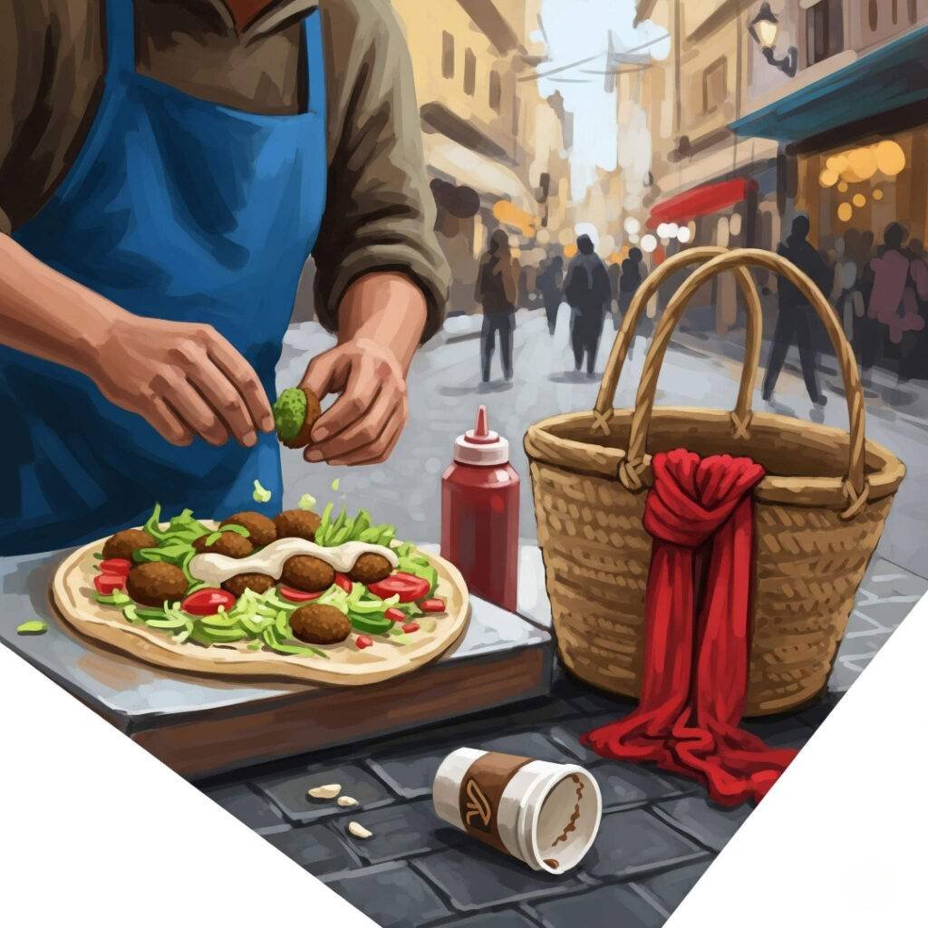 A vendor piles a falafel wrap with toppings.
