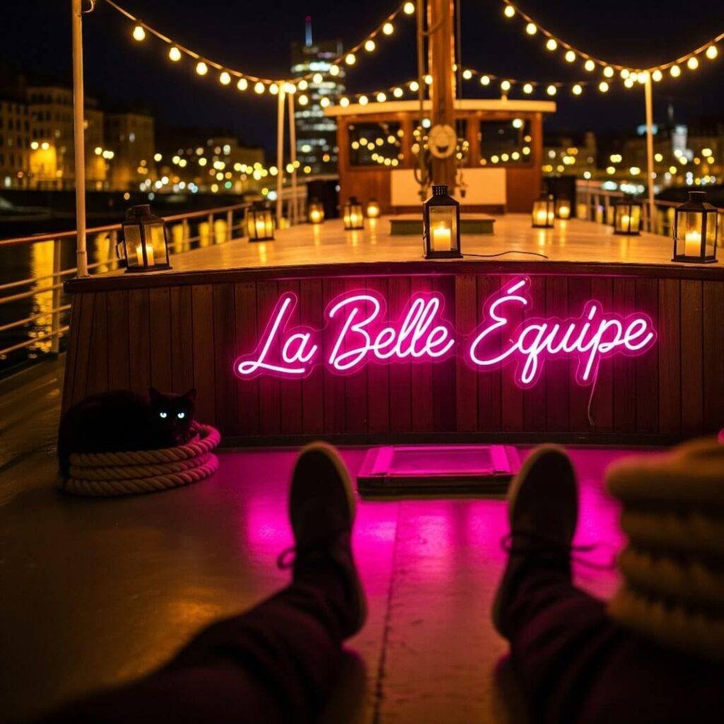 Low-angle boat deck with a cat and neon sign.