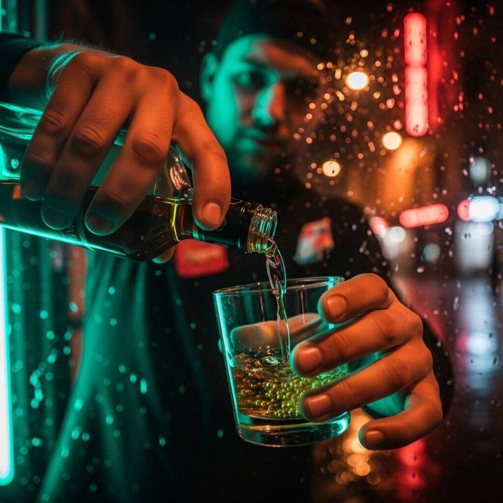 Bartender pours drink, rainy street outside.