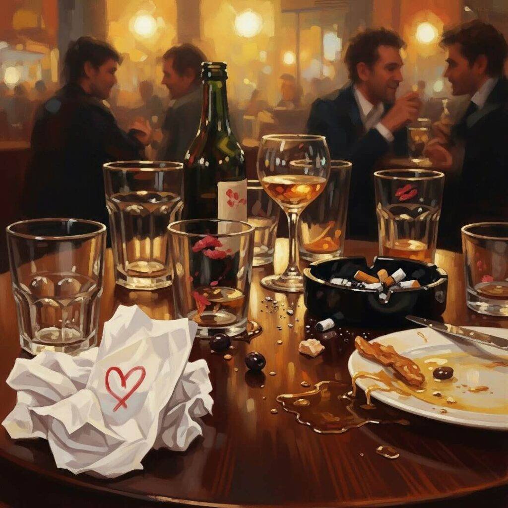 Messy bar table with wine, glasses, and doodled napkin.