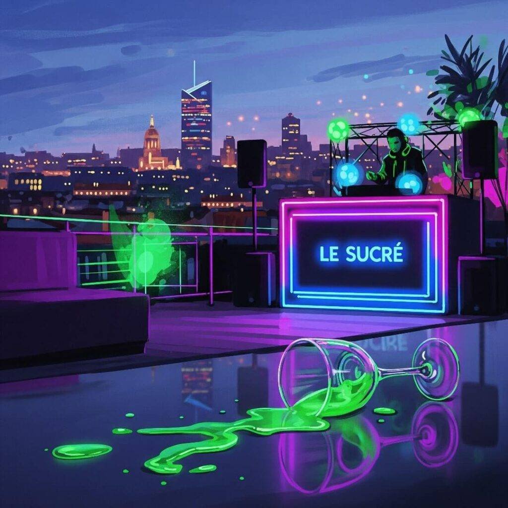 Spilled cocktail glass on a rooftop bar.