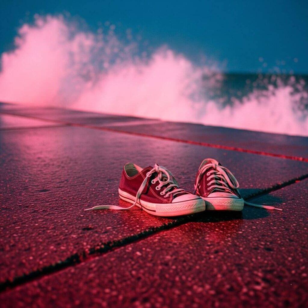 Sneakers on promenade with crashing waves.