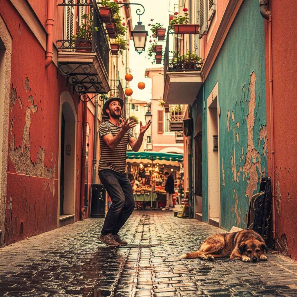 Street performer juggling oranges in a Nice alley.
