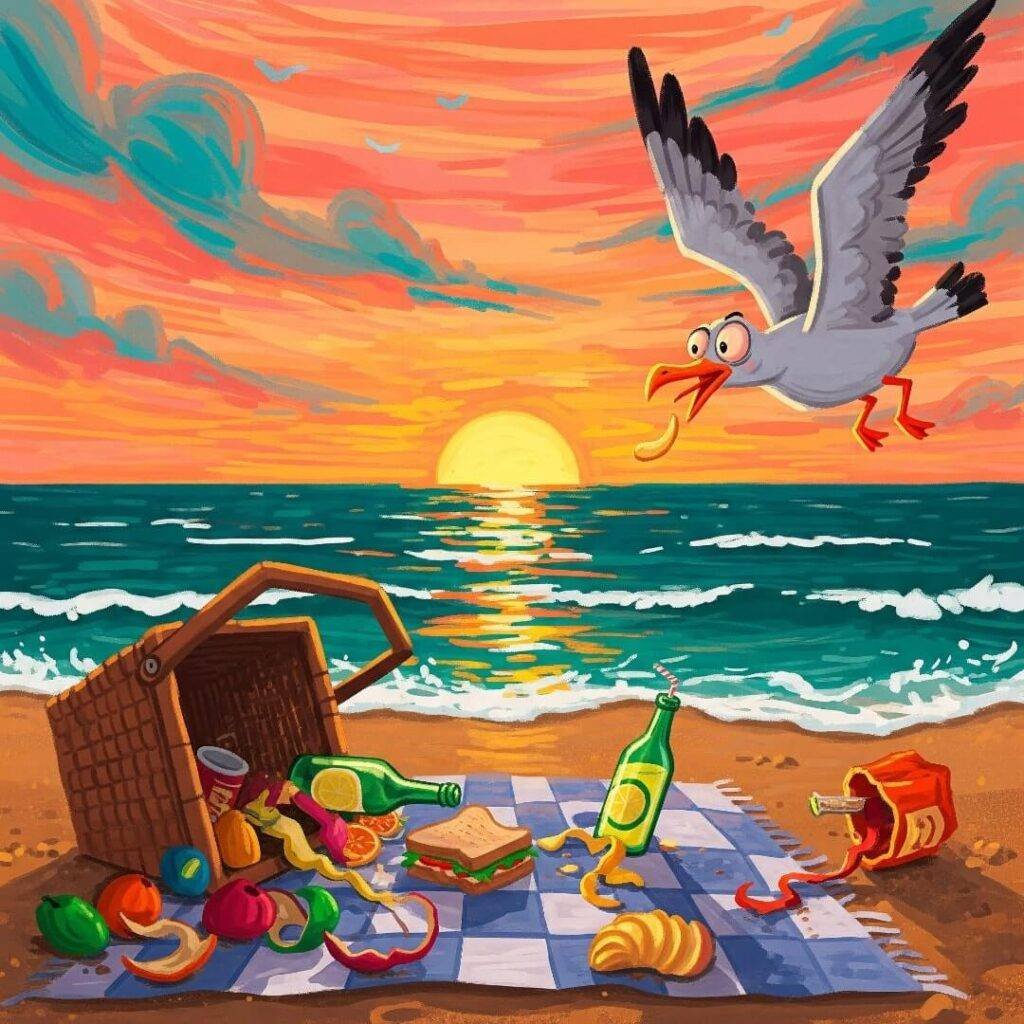 A digital painting of a picnic disaster on a beach.