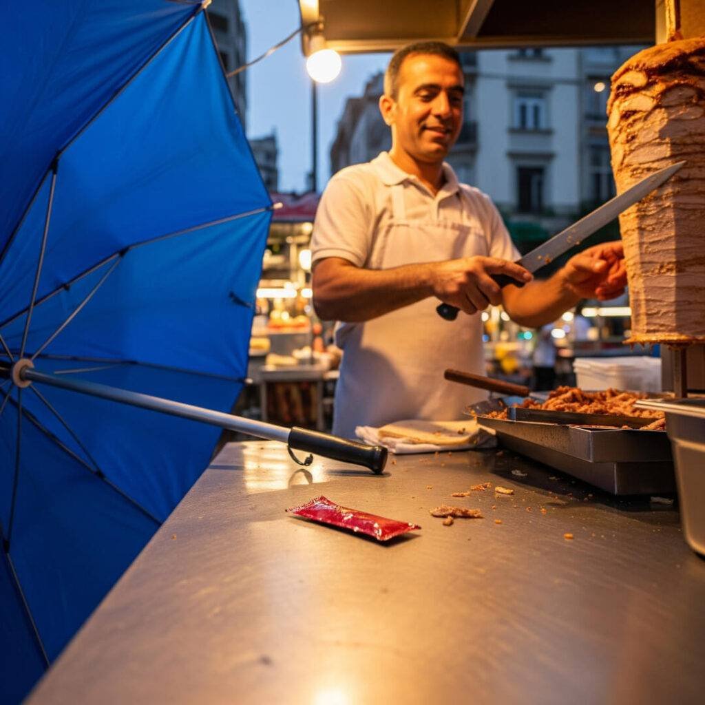 A vendor slicing shawarma with a ketchup packet.