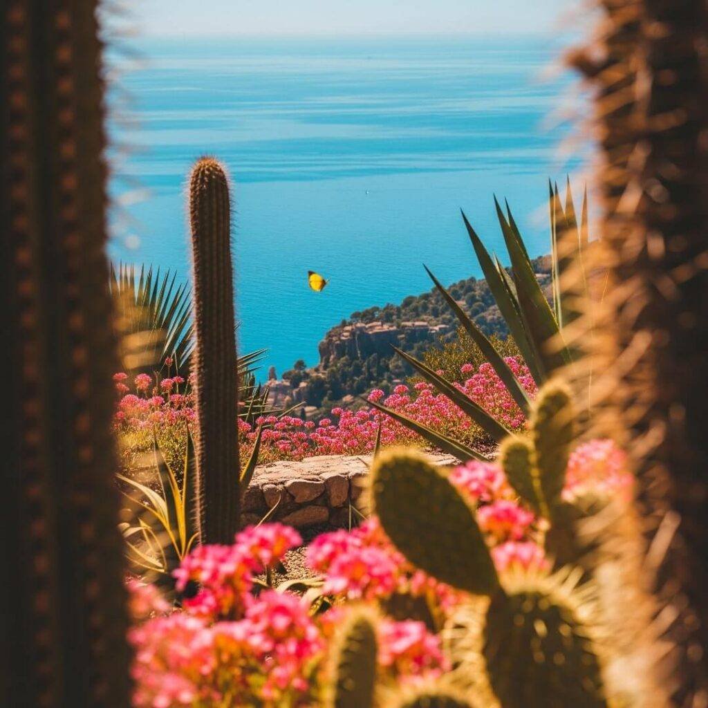 Yellow butterfly flying between cacti with a sea view.
