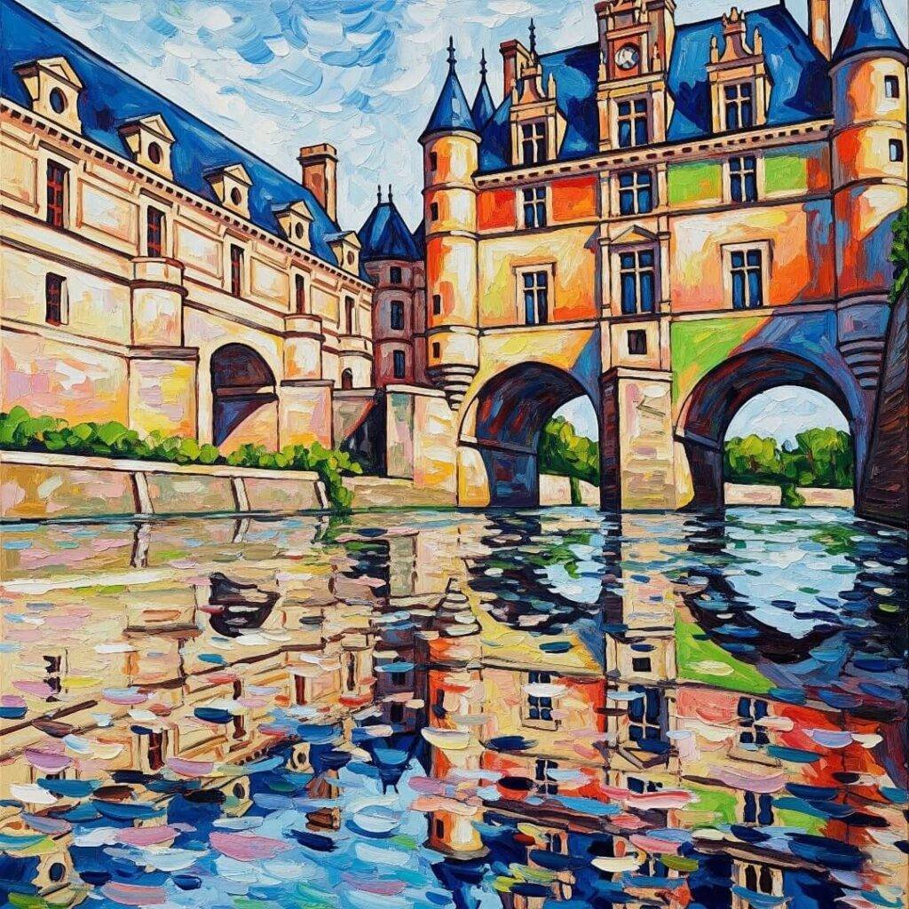 Colorful impressionistic painting of Chenonceau castle reflected in water.
