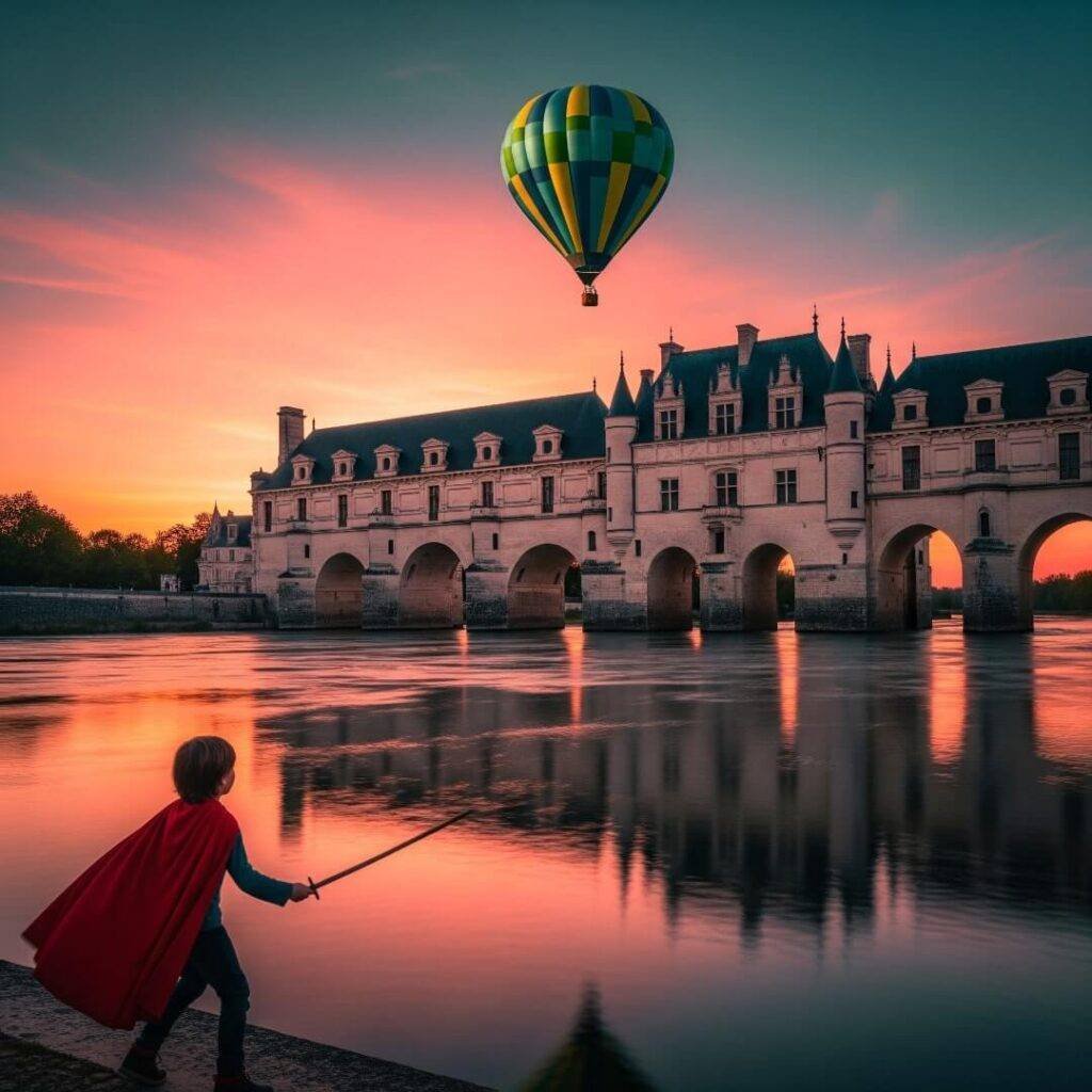Chenonceau castle arches, river, sunset, kid, hot air balloon.