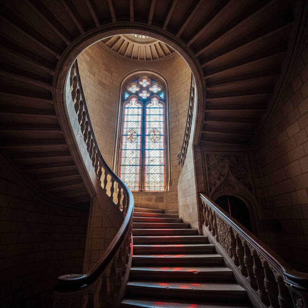Loire castle, spiral staircase, stained glass.