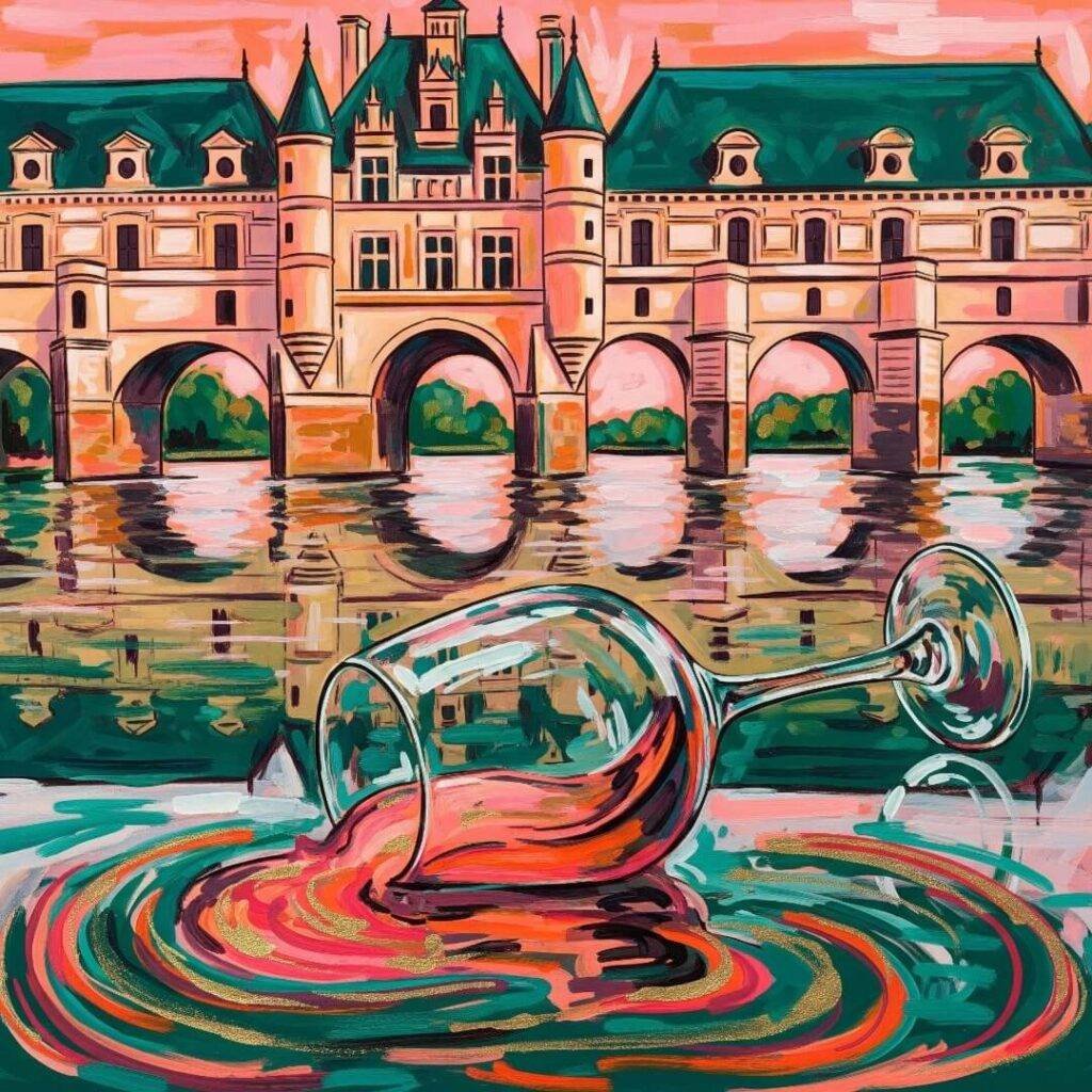 Chenonceau castle bridge, spilled wine glass, colorful painting.