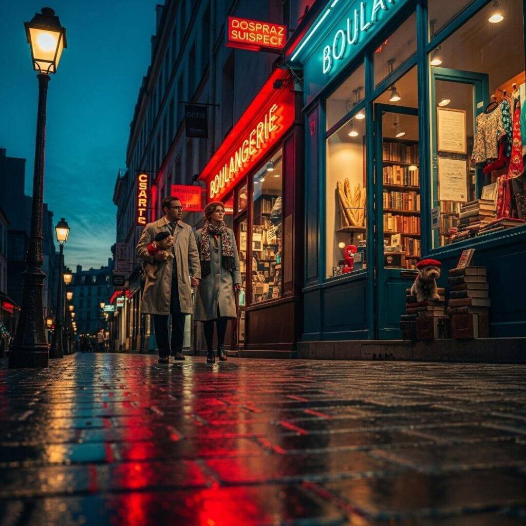 Marais street at dusk with glowing shop signs.