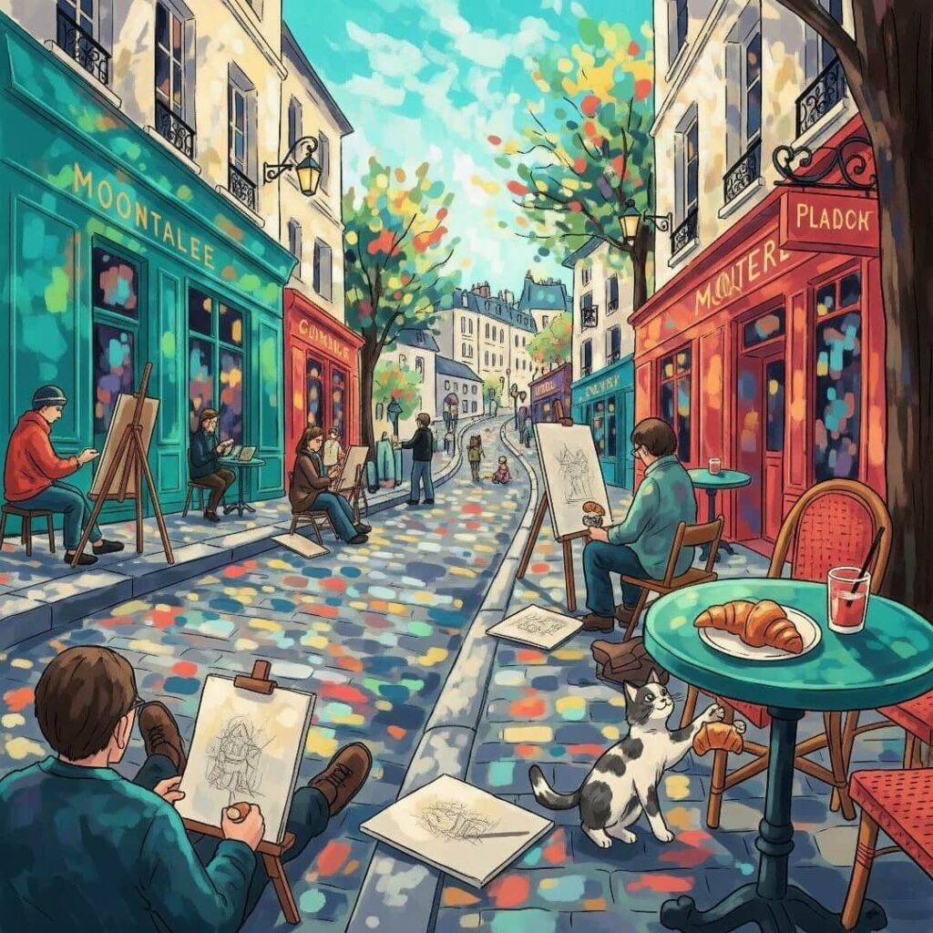 Impressionistic painting of artists on a street with a cat.