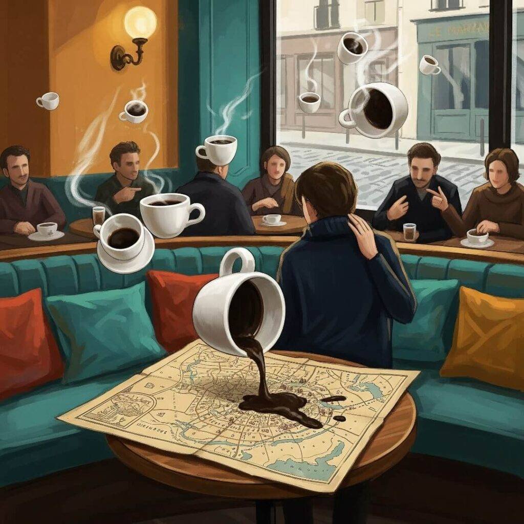 A digital painting of a person spilling coffee on a map in a café.