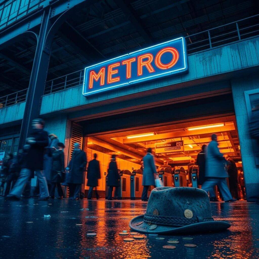 Retro image of Metro sign, busker's hat, people.