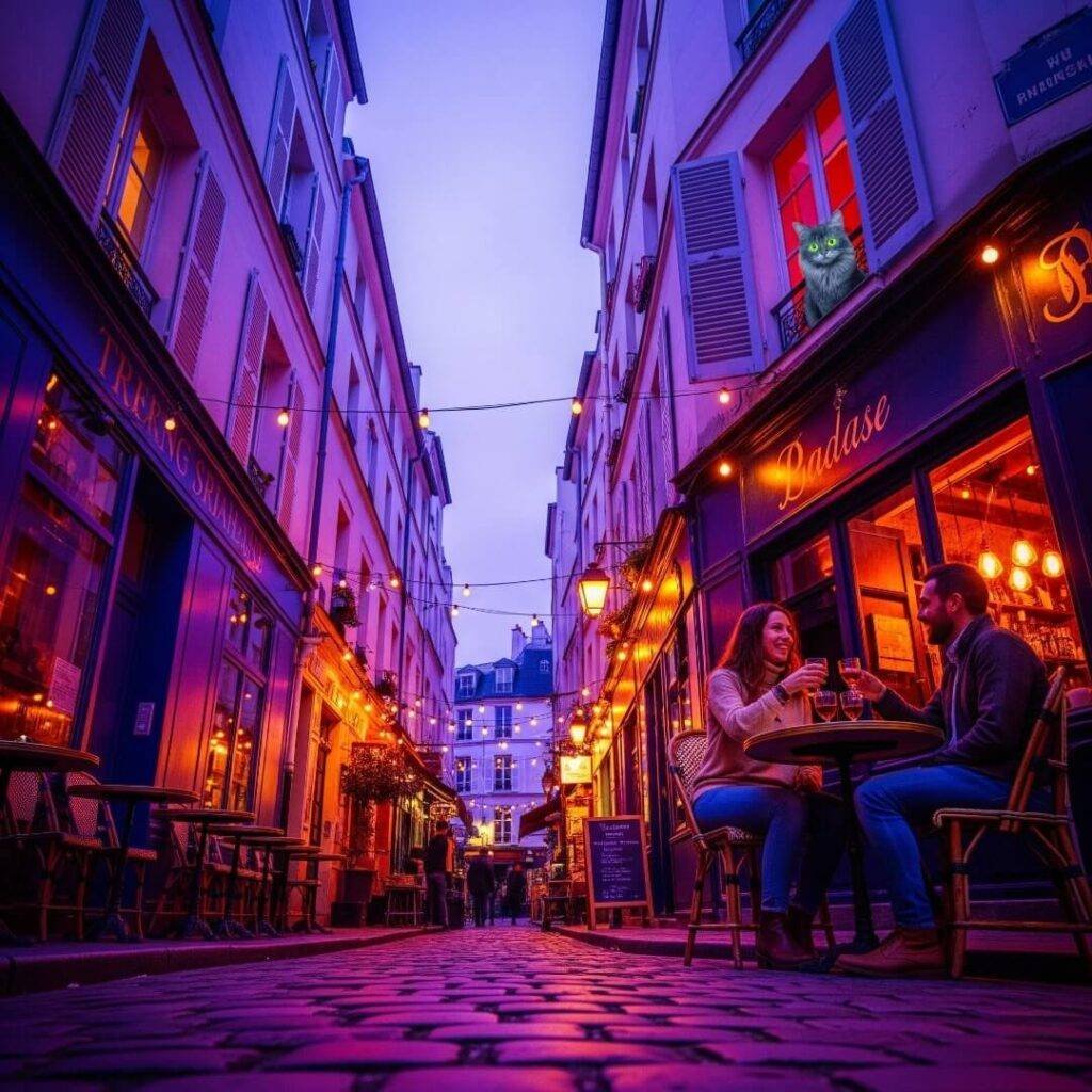 A cozy Parisian street scene with a couple and a cat.