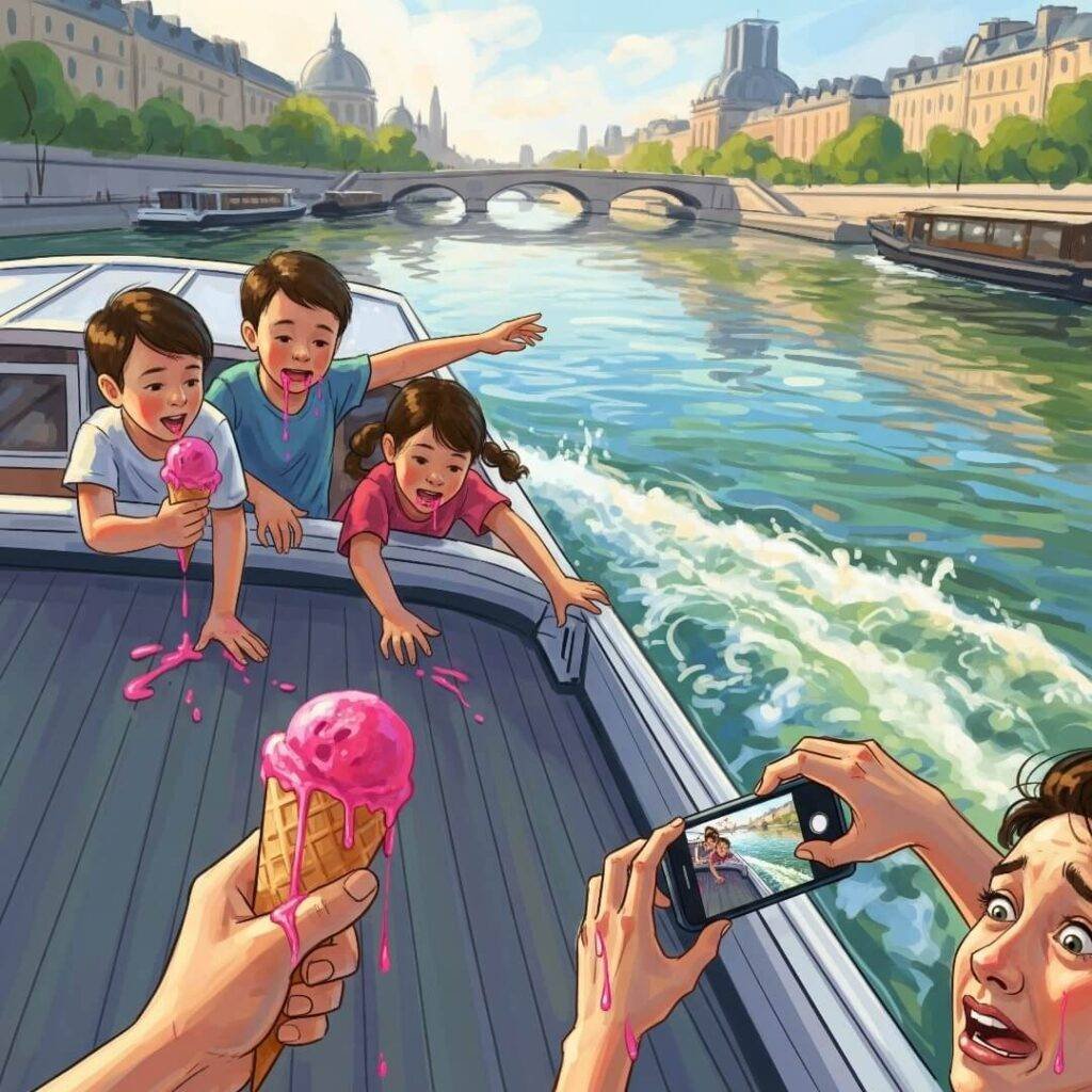 An impressionistic painting of a boat ride on the Seine.