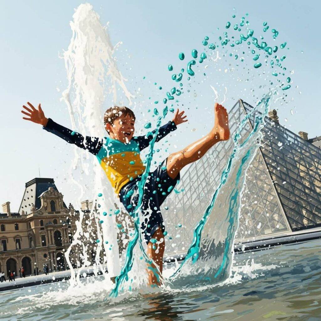 Child splashing in fountain near Louvre, impressionistic digital painting.