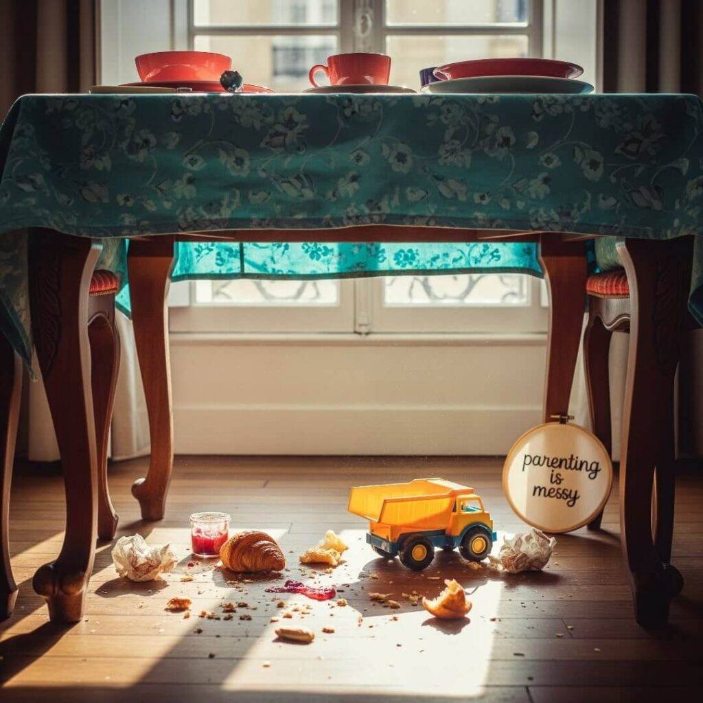 Breakfast nook, kid's view, messy floor.