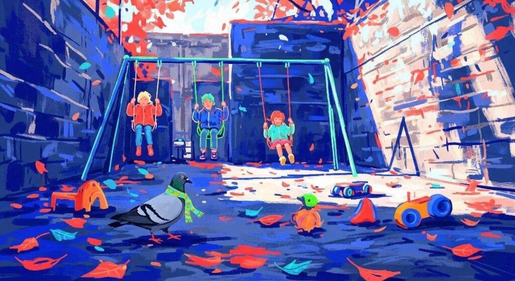 Impressionistic painting: playground with kids on swings, pigeon in a scarf.