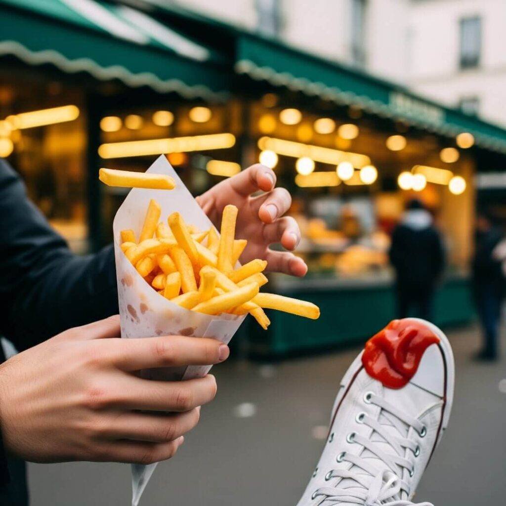A cone of fries is held over a shoe.