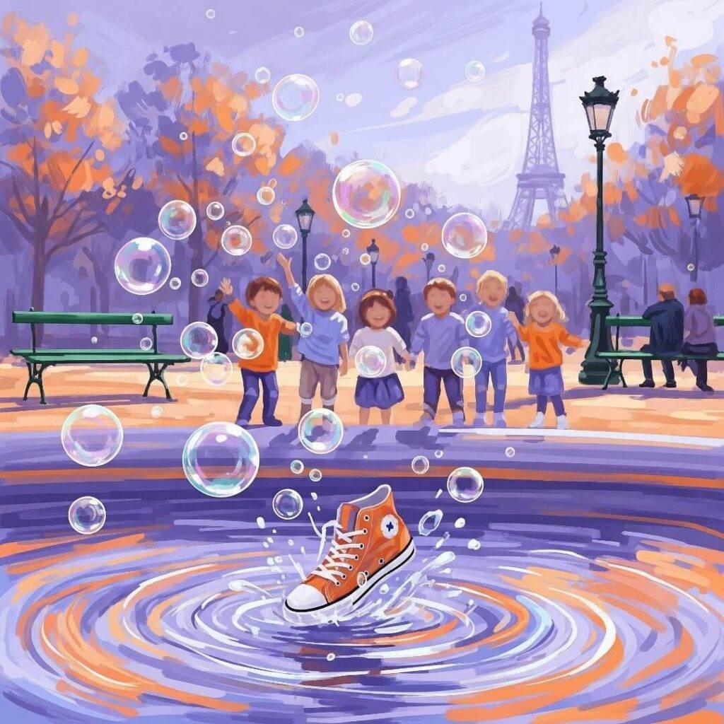 A swirly impressionistic painting of a Paris park with bubbles and a sneaker.