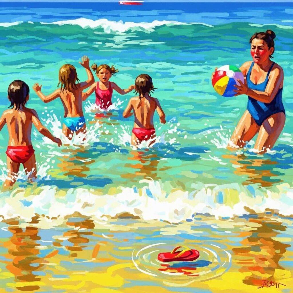 Impressionistic painting: Kids splash, adult fumbles ball, flip-flop floats.