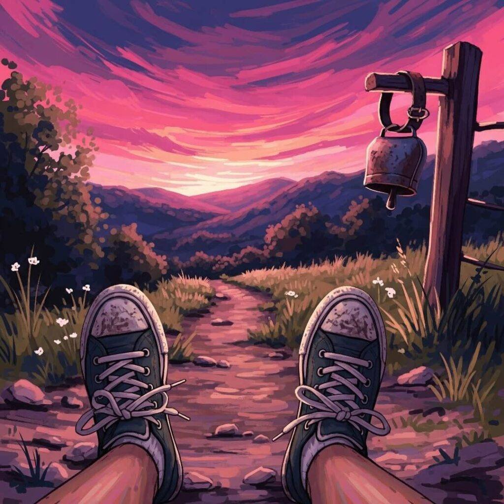 An impressionistic digital painting of sneakers, path, and a cowbell.