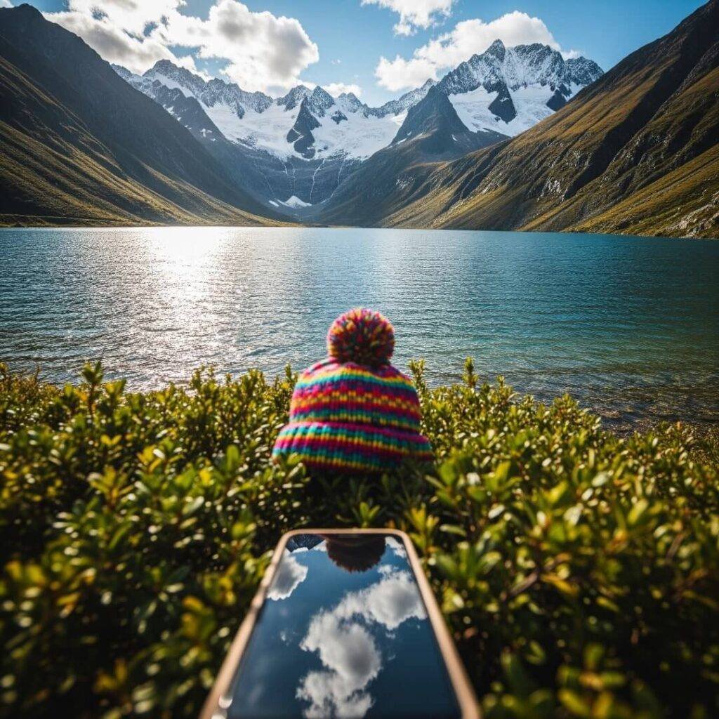 Vivid photo of Lac Blanc with a dropped phone and hat.