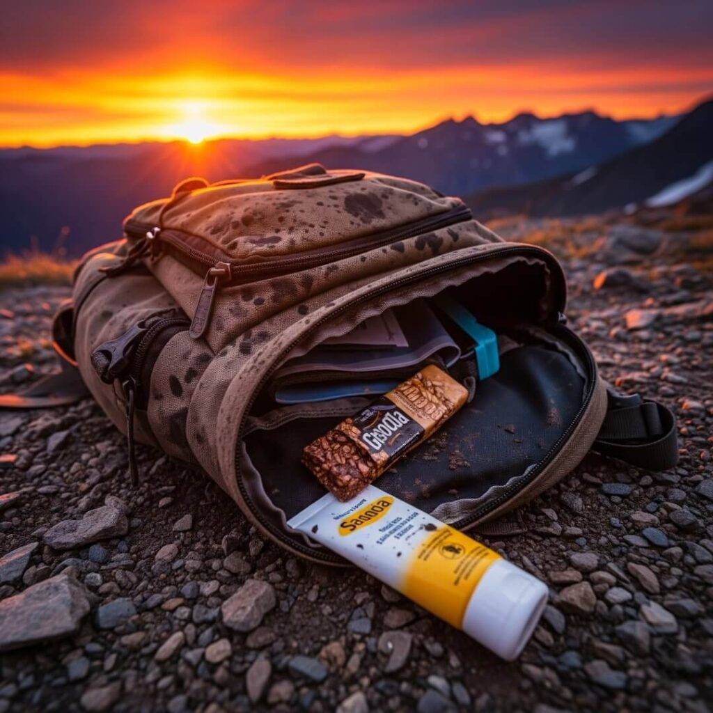 A wonky backpack spilling items on a trail at sunset.