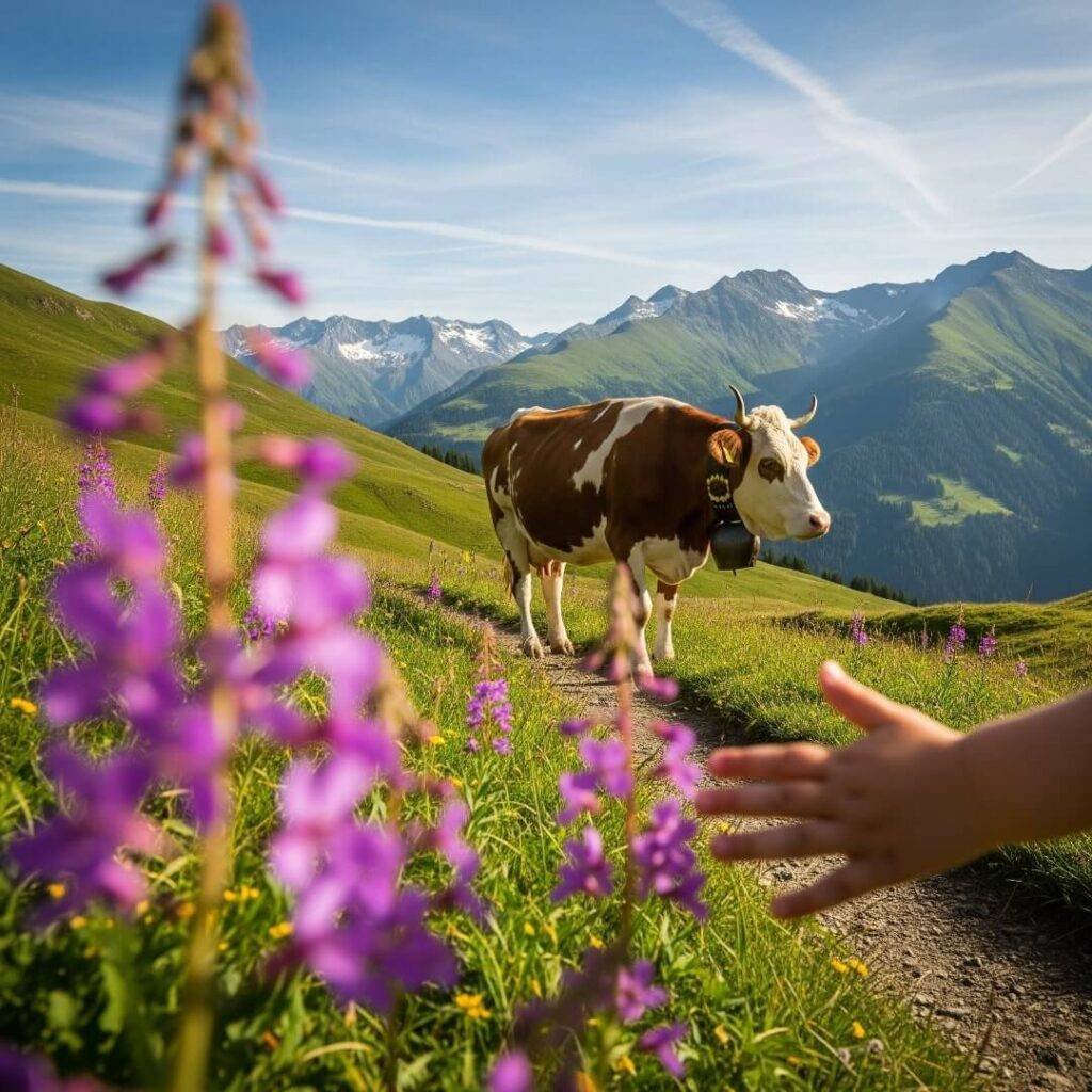 Toddler's hand reaching for wildflowers, cow and mountains in background.