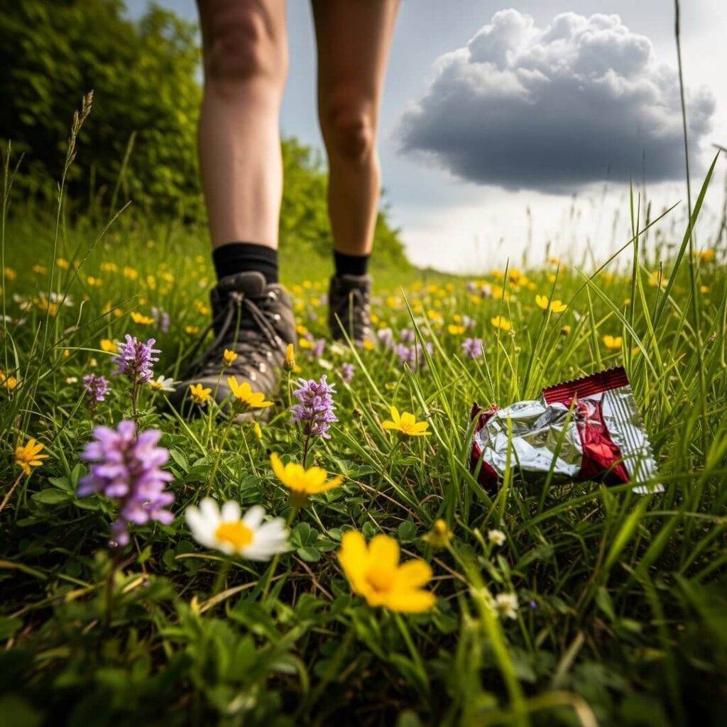 Slightly blurry first-person shot of a trail with a lost granola bar wrapper.