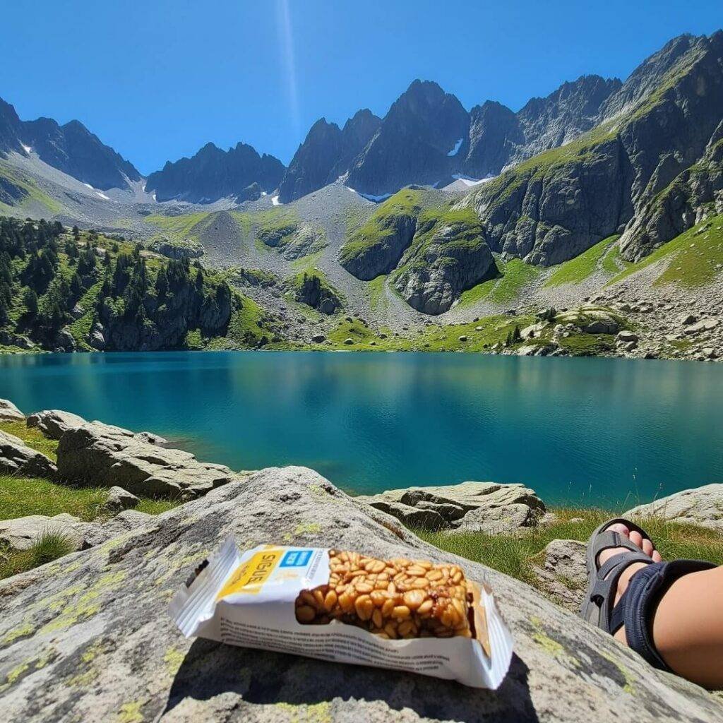 A half-eaten granola bar sits in front of Lac Blanc under a blue sky.