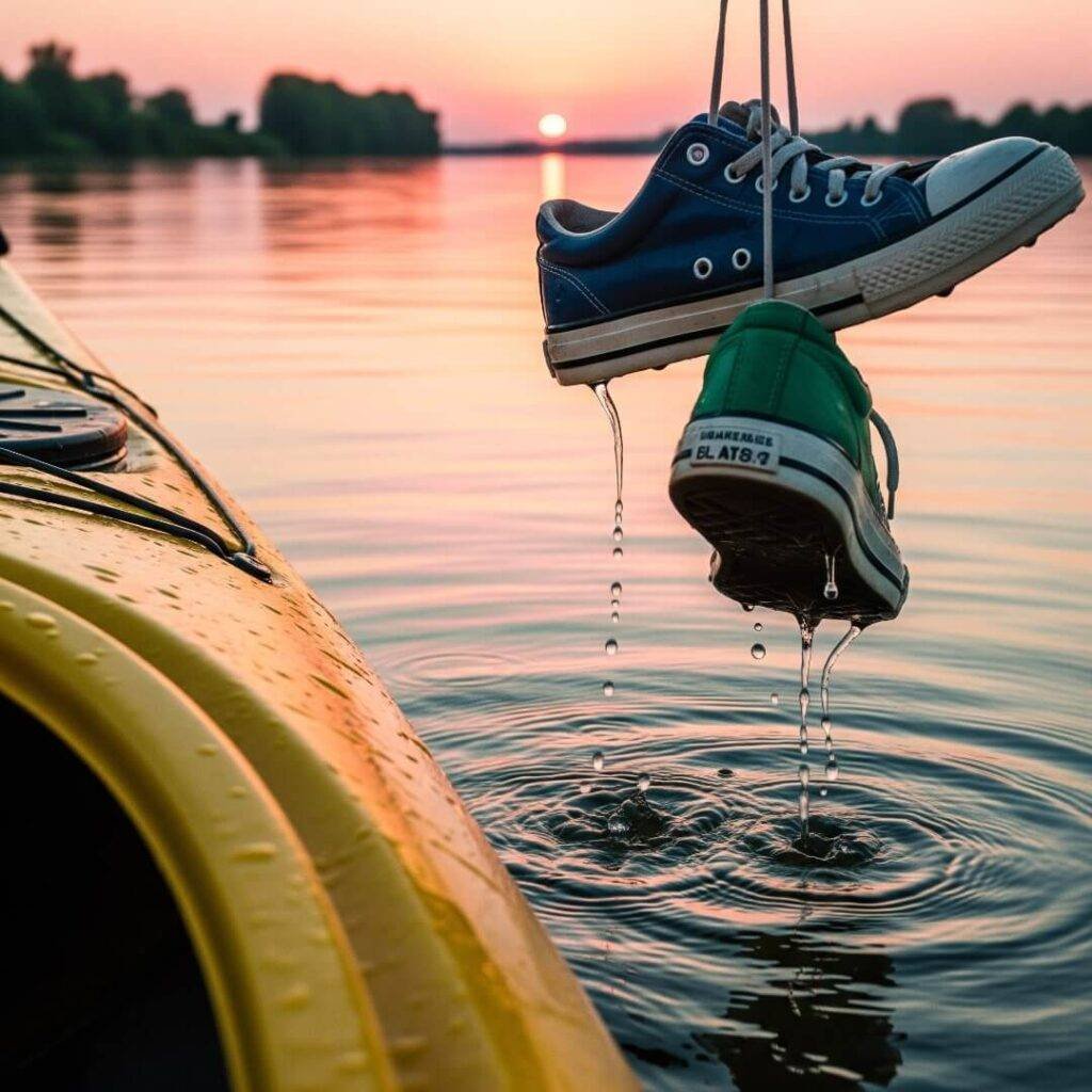 Soggy sneakers hang from a kayak with a pink and green sunset.