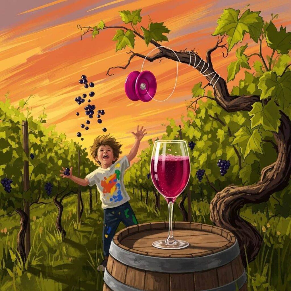 A digital painting of a child throwing grapes.
