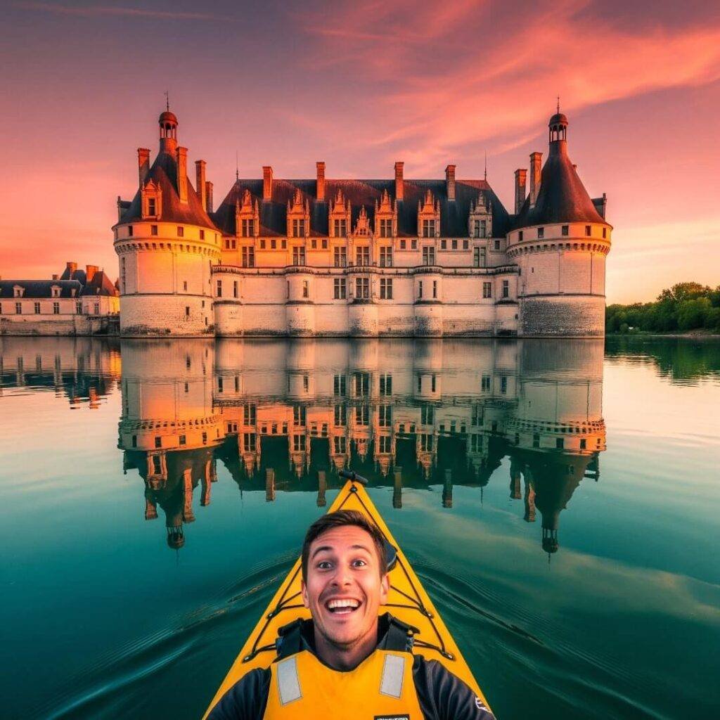 Kayaker grinning, Château d'Amboise reflected in teal water under coral skies.