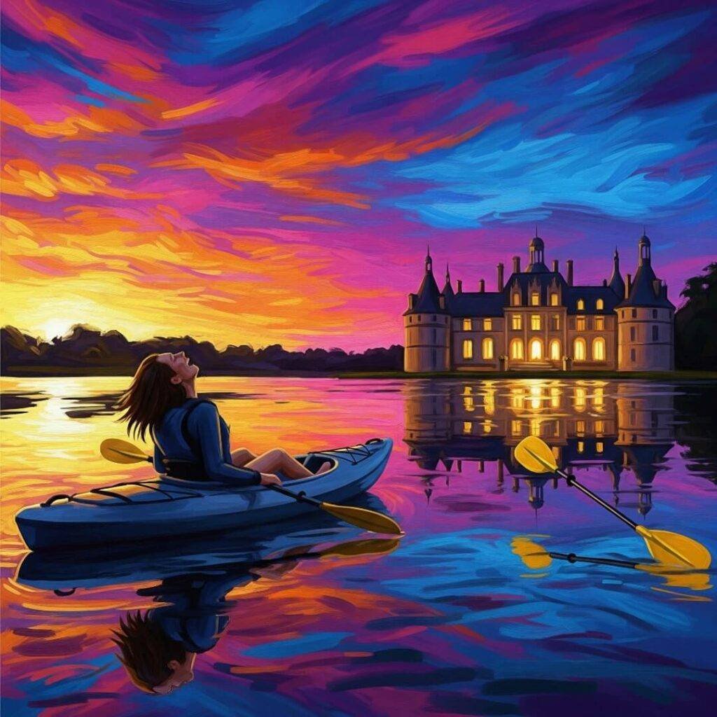 An impressionistic painting of a person kayaking at sunset near a glowing chateau.