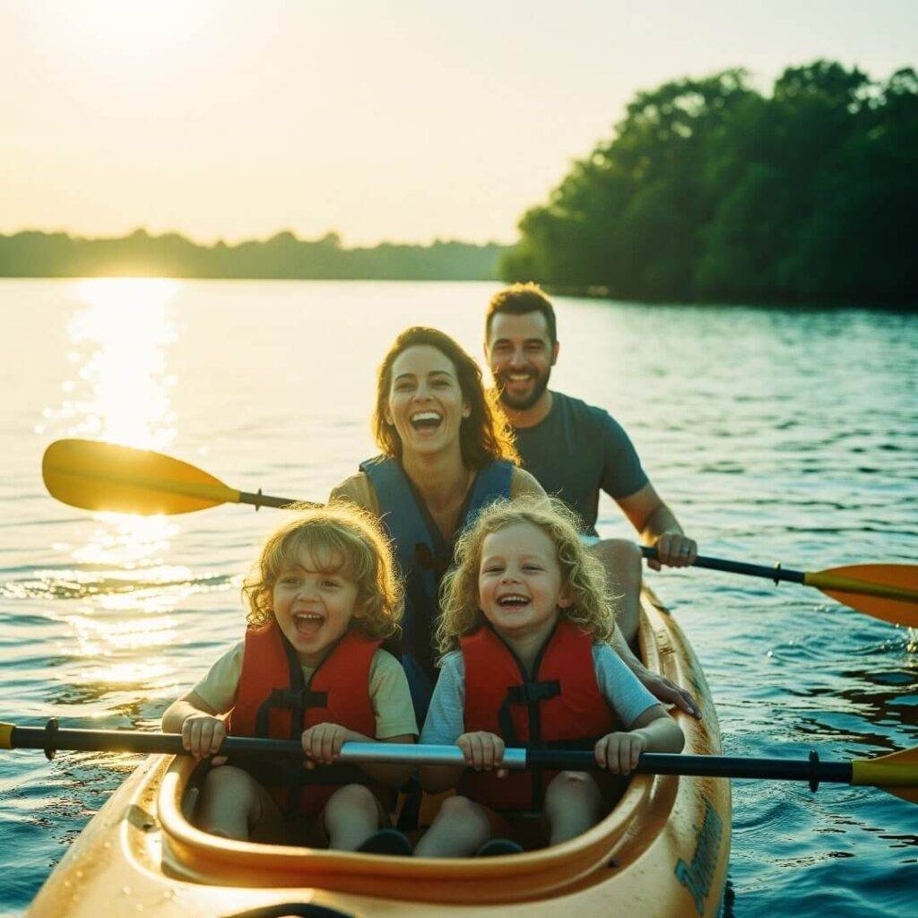 A vintage-inspired photograph of a family laughing in a kayak with sunlight glinting off ripples.