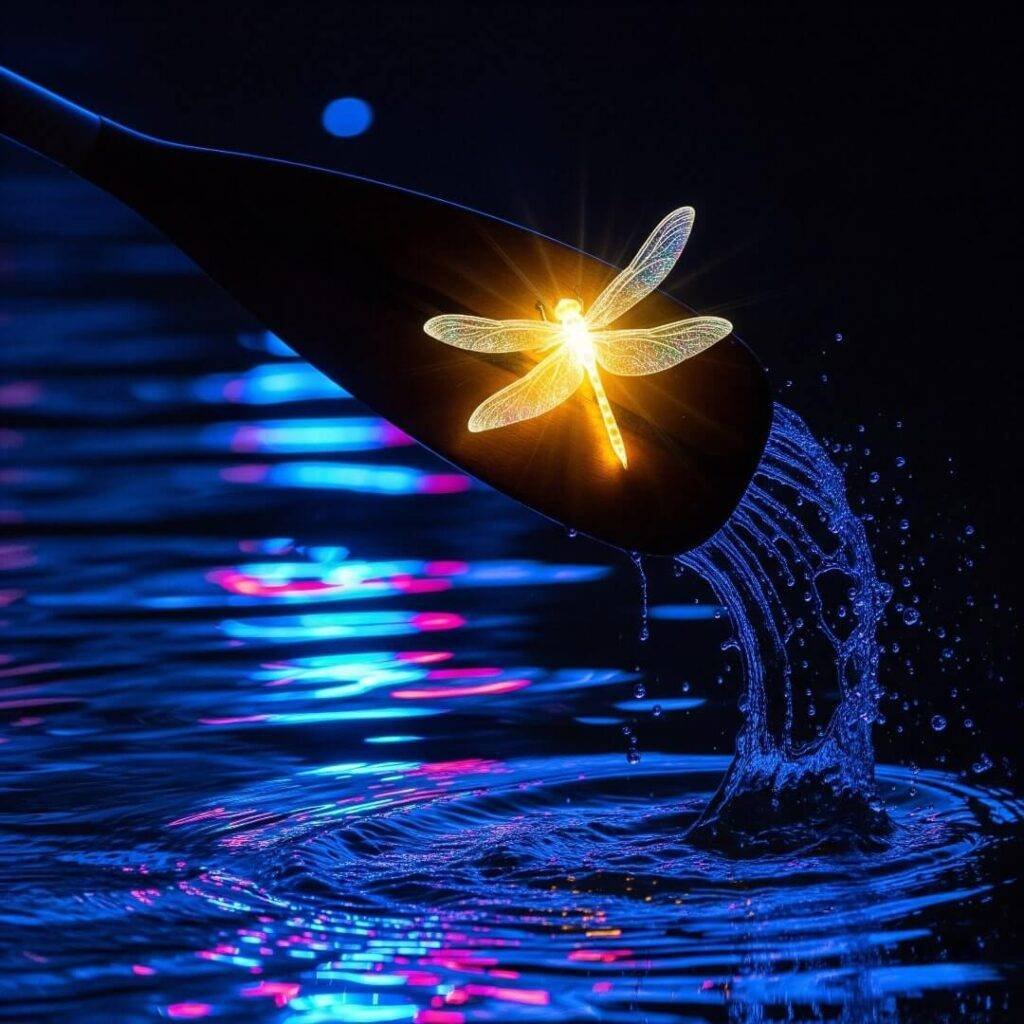 Paddle with glowing dragonfly cutting through neon-lit water.
