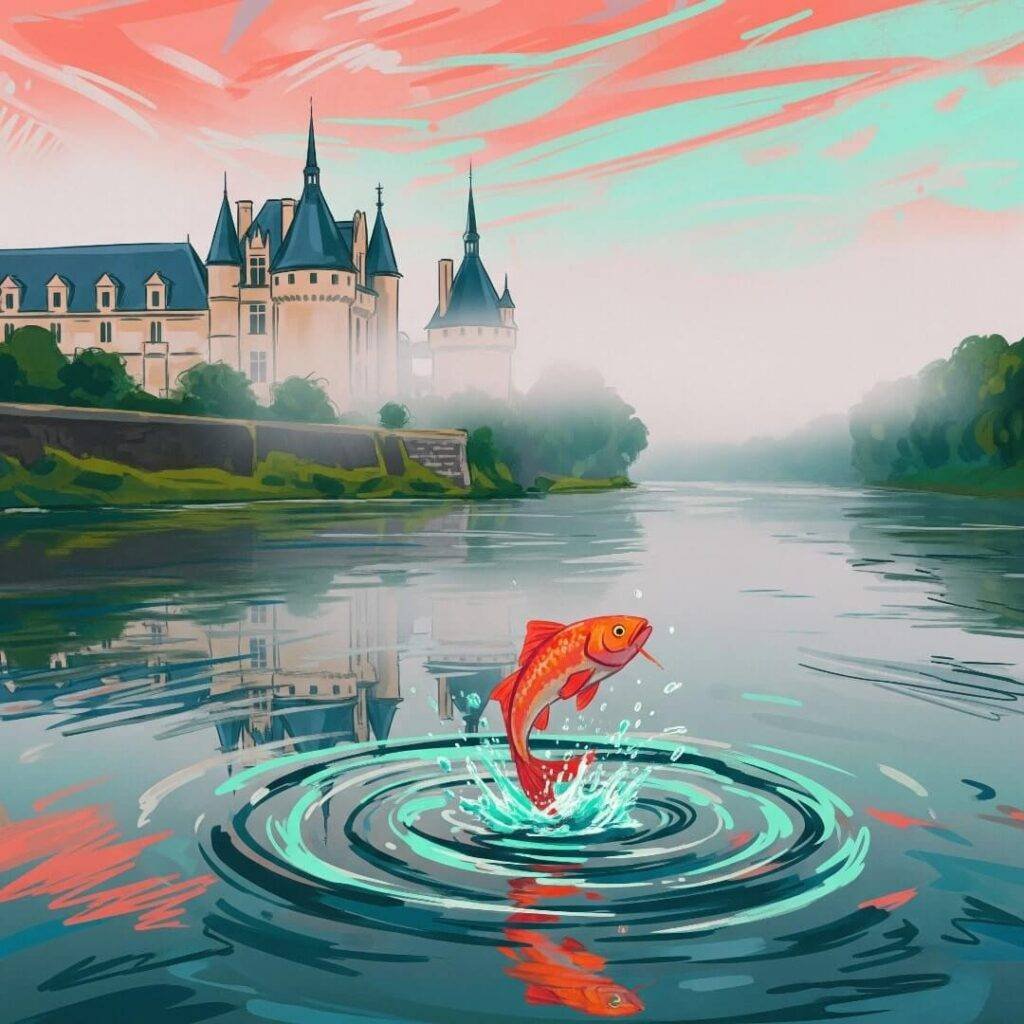 Impressionistic painting of a chateau, river, and jumping fish.